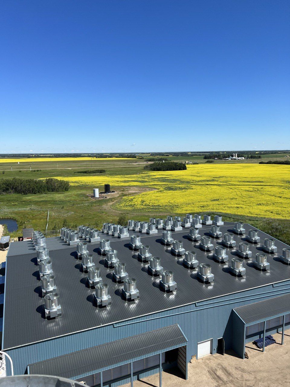WattByte YEG facility rooftop exhaust plant overlooking Alberta canola fields